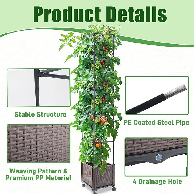 Raised Garden Bed Planter Box with Trellis, 74" Self-Watering Tomato Planters for Climbing Plants Vine Flowers Outdoor Patio, Tomatoes Cage with Wheels, 1Pack
