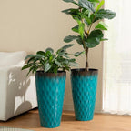 Glitzhome 23.75" H Oversized Tall Planter, Set of 2 Wavy Texture Turquoise Large Planters for Outdoor Plants, with Drainage Hole, Plastic Large Flower Pots for Porch,Garden, Patio or Indoor Use