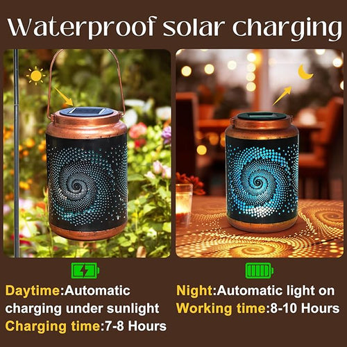 2 Pack Solar Lanterns Outdoor Hanging Metal Waterproof LED with Solar Powered Garden Patio Decorations Decor with Handle Christmas Gift Idea