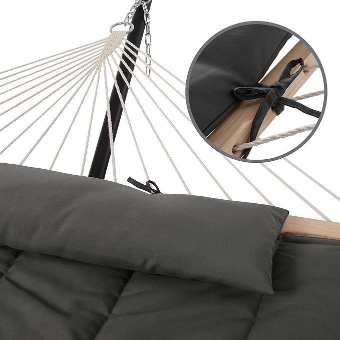 SUNCREAT Double Outdoor Hammock with Stand, Two Person Cotton Rope Hammock with Polyester Pad, Dark Gray