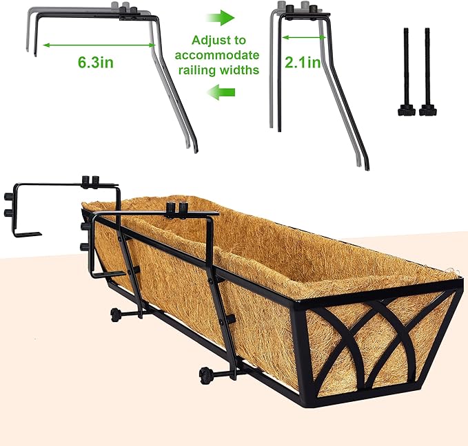 Y&M 30 Inch Fence Metal Hanging Flower Planter Window Basket Deck Railing Planter Boxes for Outdoor Garden Lawn, Window Deck with Coco Liner,6pcs