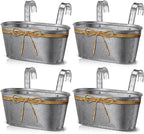 Hicarer 4 Pcs Metal Hanging Flower Pots, 10.6 Inch Vertical Grained Metal Color Outdoor Hanging Planters Window Plant Holder with Detachable Hooks for Railing Fence Balcony Garden Yard