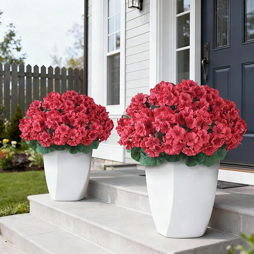 2 Pack Artificial Geranium Flowers Topitary Trees for Outdoors, UV Resistant Geraniums Potted Bushes Look Real Silk Faux Plants for Front Door Garden Porch Planter Farmhouse Home Decor (Red)