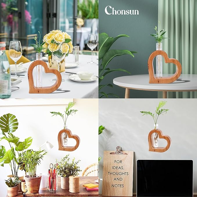 Terrarium Wall Planter with Glass Test Tube, Heart Shaped Pine Wood Stand