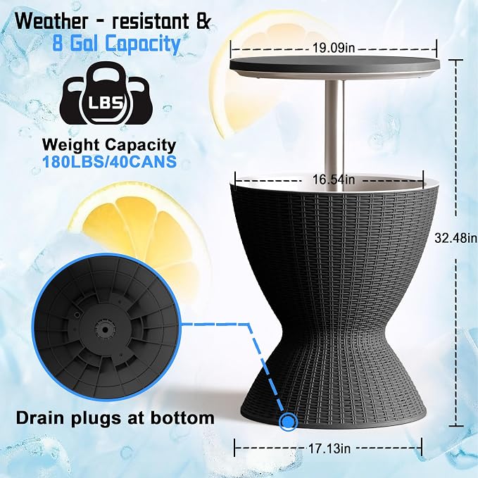 Bar Table Cooler – Adjustable Height Resin Patio Ice Chest, Black