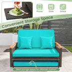 Tangkula Patio Rattan Daybed with 4-Level Adjustable Backrest, Outdoor Wicker Loveseat with Acacia Wood Armrest, Storage Ottoman & Folding Tray, Double Sunbed for Balcony, Yard & Poolside (Turquoise)