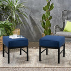 2 Pieces Outdoor Patio Ottomans, Assembled Aluminum Outdoor Ottoman with Blue Cushions, Aluminum Small Outdoor Foot Stools for Patio Porch Yard Garden Deck, Black Frame
