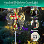 YJFWAL Cardinal Bird&Rose Cross Garden Stake Light, Solar Glass Cross for Cemetery Grave, Easter Cross Angel Wings Sympathy Memorial Gifts, Garden Lawn Yard Patio Decor
