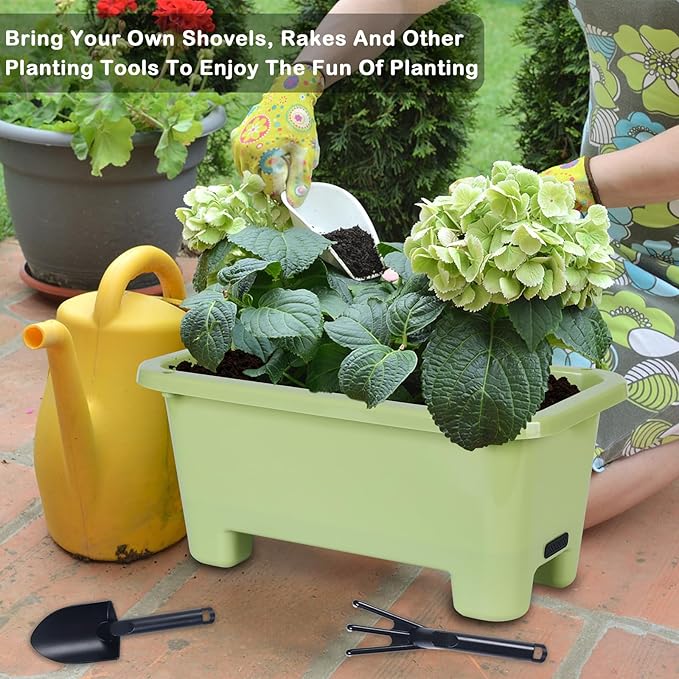 Self-Watering Rectangle Planter Boxes 8-Pack, 15.7-Inch Window Box Planter with Drainage Holes & Trays, Pots for Vegetables, Herbs, Flowers, Garden Windowsill Balcony (Light Green)