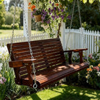 Wooden Porch Swing 2-Seater, High Backrest and Deep Seat, Bench Swing with Cupholders, Hanging Chains and 7mm Springs, Heavy Duty 880 LBS, for Outdoor Patio Garden (Deep Brown, 4 FT Extra Large)
