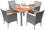 Devoko 5 PCS Furniture, Patio Conversation Set with Acacia Wood Top, Rattan Outdoor Dining Table and Chairs for Backyard, Garden, Deck, Grey