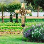 38inch Cross Garden Solar Lights Outdoor Decorative - Solar Metal&Glass Cross Apricot Hydrangea Flower Stake Lights- Waterproof 20 White LED for Remembrance Gifts & Sympathy Gifts