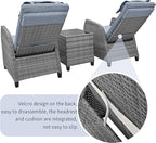 Outdoor Recliners Chair Set of 2 for Patio with Wicker Coffee Table, Comfort Cushion, Adjustable Angle Weatherproof Reclining Chairs for Courtyard, Swimming Pool, Balcony (Grey)