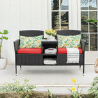 Devoko Outdoor Patio Loveseat Modern Rattan 2-Seat Patio Conversation Set with Cushions & Built-in Coffee Table Porch Furniture for Garden Lawn Backyard (Red)