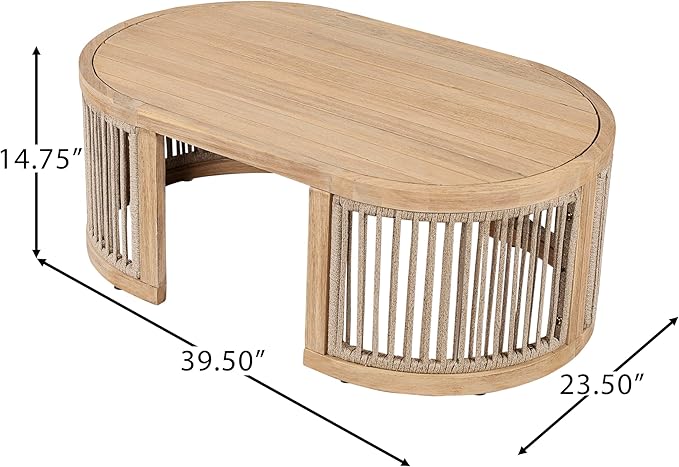 Christopher Knight Home Buekaz Outdoor Acacia Wood Coffee Table with Woven Rope Accents, Outdoor Patio Slatted Oval Centerpiece, Boho Chic Garden Sofa Side Accent Table for Modern Decor, Light Teak