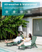 Outdoor Chaise Lounge Chair Set of 2, Patio Lounge Chairs for Outside, HDPE Lounge Chair with Wheels & Cup Holder, Poly Chair with 5 Position for Poolside, Deck, Green