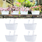 LaLaGreen Outdoor Rail Planter (4 Pack, 11.8 Inch) Metal Iron Hanging Flower Pots Deck Railings Fence Buckets Modern Countryside Boho Style White Wall Mount Window Box Plant Holder Hooks Porch Decor