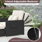 Tangkula Patio Rattan Daybed with 4-Level Adjustable Backrest, Outdoor PE Wicker Loveseat with Storage Ottoman & Folding Side Tray, Double Sunbed Lounger for Balcony, Backyard & Poolside (White)
