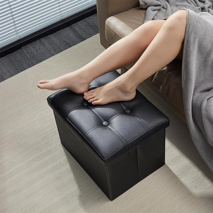 AmasSmile Storage Ottoman Folding Foot Rest Stool, Leather Footstool Bench, Short Ottoman Stool, Storage Foot Rest Store, Books (Black-2pc, 17" D x 13" W x 13" H)
