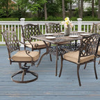7-Piece Cast Aluminum Patio Furniture, Patio Dining Set for 6 Include 59" Rectangular Outdoor Dining Table, 4 Stackable Chairs & 2 Swivel Chairs with Cushions & Umbrella Hole(Bronze)