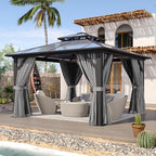 Aoxun 12'x12' Hardtop Gazebo, Aluminum Frame Permanent Pavilion with Curtains and Netting, Outdoor Polycarbonate Double Roof Canopy, Designed for Garden, Lawns, Patio, Gray