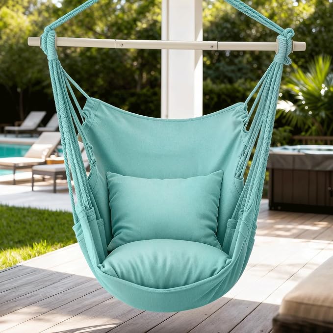 Hammock Chair Sea Green, Boho Macrame Swing Seat with Two Cushions