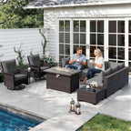 ALAULM Patio Furniture Set with 2 Swivel Chairs, Outdoor Sectional with 55000 BTU Fire Pit Table and Wide Seat, 11 Pieces Wicker Rattan Conversation Set with Coffee Table for Garden, Deck, Grey