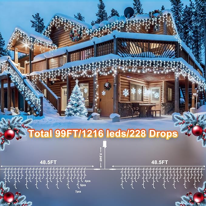 String Lights, 100 ft Outdoor Christmas Lights with 1216 LEDs, Cool White