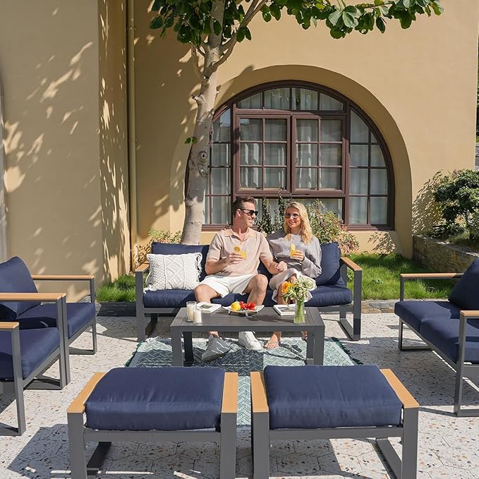 Sundale Outdoor 2 Pieces Aluminum Patio Ottoman, Outdoor Footstool with Sandwich Foam Cushions, Olefin Fabric, Small Metal Outdoor Chairs for Deck, Backyard, Porch (Blue)