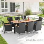 Tangkula 9 Pieces Rattan Outdoor Dining Set for 8, Outdoor Acacia Wood Table Set with 8 Cushioned Wicker Chairs, Umbrella Hole, Patio Dining Furniture Set for Deck Pool Backyard