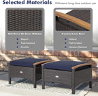 Tangkula 2 Piece Patio Rattan Ottomans, Outdoor Wicker Footstool w/Acacia Wood Handles, Soft Zippered Cushions, 3-in-1 Function Footstool Seat & Side Table for Backyard, Balcony, Poolside (Navy)