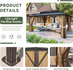 Aoxun 12'x16' Hardtop Gazebo, Aluminum Frame Permanent Pavilion with Curtains and Netting, Outdoor Polycarbonate Double Roof Canopy, Designed for Garden, Lawns, Patio