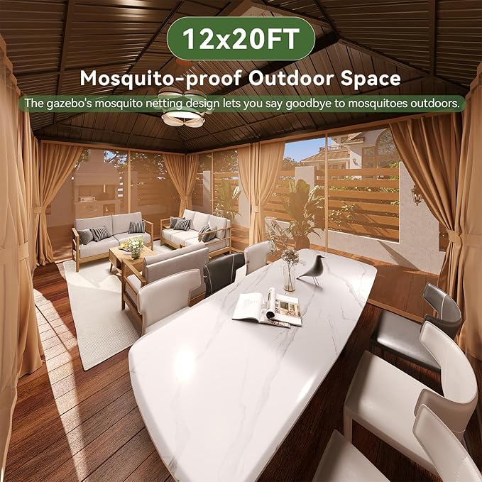 Aoxun 20x12 Gazebo Outdoor Hardtop Gazebo with Double Galvanized Steel Roof, Metal Frame Pavilion with Breathable Netting and Privacy Curtain for Backyard (Brown)