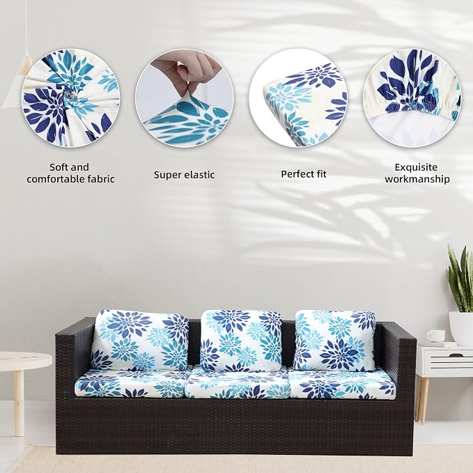 Cushion Covers, 8 Pack Stretch Microfiber Patio Sofa Slipcovers in Blue Flower