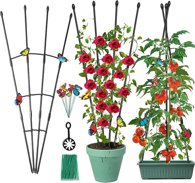 Garden Trellis for Climbing Plants Outdoor & Indoor, 47in Obelisk Trellis and Tomato cage 2 Shapes Rustproof Plant Support for Indoor Plants Trellis for Potted Plants with 5pcs Decorative Butterfly