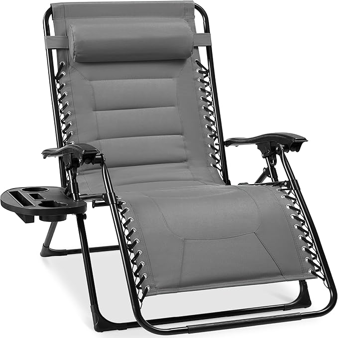 Best Choice Products Oversized Padded Zero Gravity Chair, Folding Outdoor Patio Recliner, XL Anti Gravity Lounger for Backyard w/Headrest, Cup Holder, Side Tray, Polyester Mesh - Ice Gray