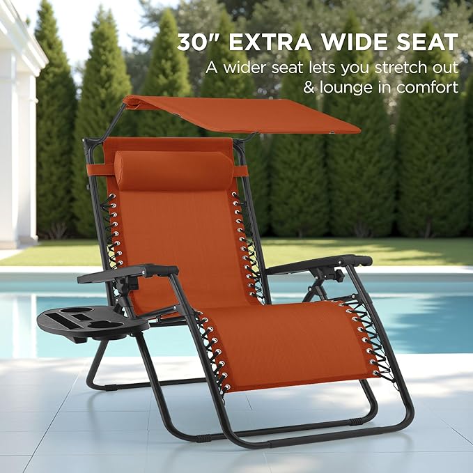Best Choice Products 30” Wide Folding Zero Gravity Outdoor Recliner Patio Lounge Chair w/Adjustable Canopy Shade, Headrest, Side Accessory Tray - Burnt Orange