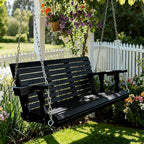 Wooden Porch Swing 3-Seater, High Backrest and Deep Seat, Bench Swing with Cupholders, Hanging Chains and 7mm Springs, Heavy Duty 880 LBS, for Outdoor Patio Garden (Carbon Black, 5 FT Extra Large)