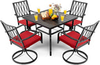 NUU GARDEN 5 Piece Outdoor Dining Set, Outdoor Furniture Set for Square Iron Umbrella Dining Table and 4 Cushioned Swivel Chairs, Black and Red Cushion