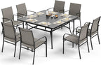 Patio Dining Set for 8, 60" x 60" Square Metal Table with Umbrella Hole, 8 x Stable Brown Dining Chairs, Outdoor Table and Chairs Set for Lawn Backyard and Deck