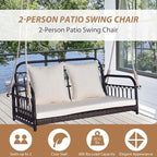 Tangkula Outdoor Wicker Porch Swing, 2-Person Hanging Seat with Seat & Back Cushions, Heavy-Duty Metal Frame & 2 Sturdy Hanging Ropes, Wicker Woven Swing Loveseat for Front Porch, Backyard (Off White)