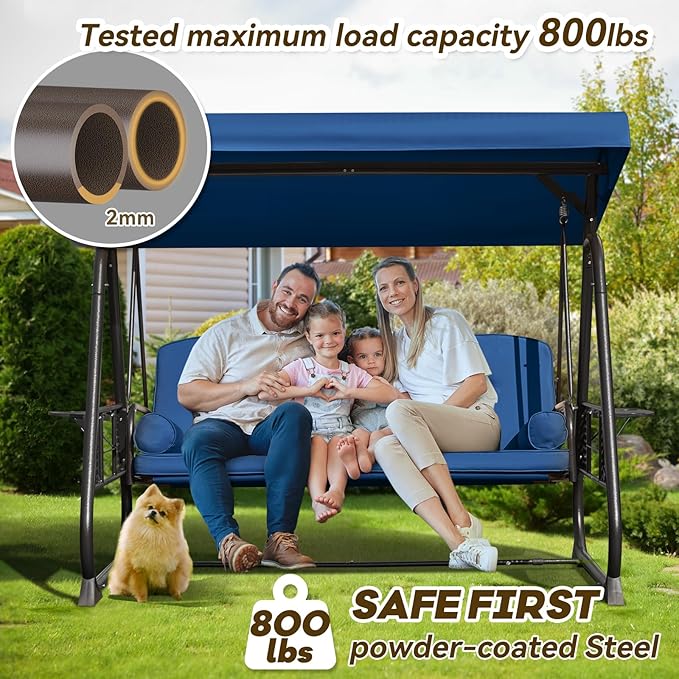 3 in 1 Outdoor Porch Swing with Adjustable Canopy, 3 Seat Outdoor Swing for Adults, Patio Swing Chair with Thickened Cushions,Pillows & Cup Holders for Backyard, Porch, Garden (Blue)