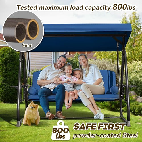 3 in 1 Outdoor Porch Swing with Adjustable Canopy – Blue