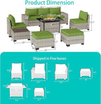 9-Piece Outdoor Patio Furniture Set with 55,000 BTU Fire Pit Table, PE Wicker Rattan Sectional Sofa Patio Conversation Set with Ottomans & Coffee Table, Avocado Green