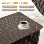 VINGLI Outdoor Wicker CoffeeTable Patio Coffee Tables for Outside, Tempered Glass Top Wicker Table with Storage Coffee Table for Patio Balcony Porch Deck (Brown)