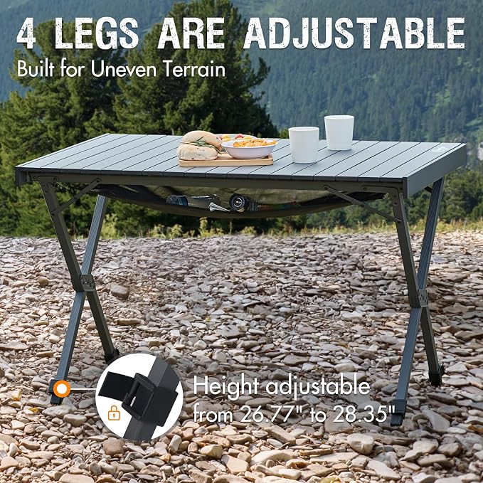 Camping Table with Aluminum Roll-Up Top, Adjustable Height, Dark Gray
