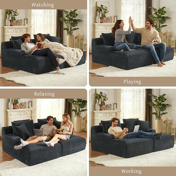 80" Double Chaise Lounge Chair Indoor, Oversized Boneless Couch Comfy Upholstered Sleeper Sofa Bed with 4 Pillows, Corduroy Cloud Loveseat Chair for Living Room No Assembly Required, Dark Grey