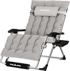 UDPATIO Oversized Zero Gravity Chair 33In XXL Lounge Chair with Removable Cushion |Pillows, Outdoor Folding Reclining with |Cup Holder |Foot Rest |Lock,Reclining Patio Chairs Grey, Support 500LB