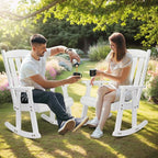 VINGLI Heavy Duty 600 LBS Outdoor Wooden Rocking Chair with Higher Backrest,Patio Rocking Chair with Ergonomic Design, Weatherproof Outdoor Rockers Suit for Patio, Garden, Balcony, Yard, White