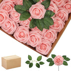 Artificial Pink Roses, 200 Pieces with 100 Leaves, Wired Stems
